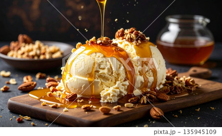 A delicious gourmet dessert of chocolate ice cream served in a white bowl with fresh chocolate sauce makes a sweet and healthy snack 135945109