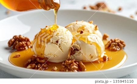 A delicious gourmet dessert of chocolate ice cream served in a white bowl with fresh chocolate sauce makes a sweet and healthy snack A delicious gourmet dessert of chocolate ice cream served in a white bowl with fresh chocolate sauce makes a sweet and healthy snack 135945110