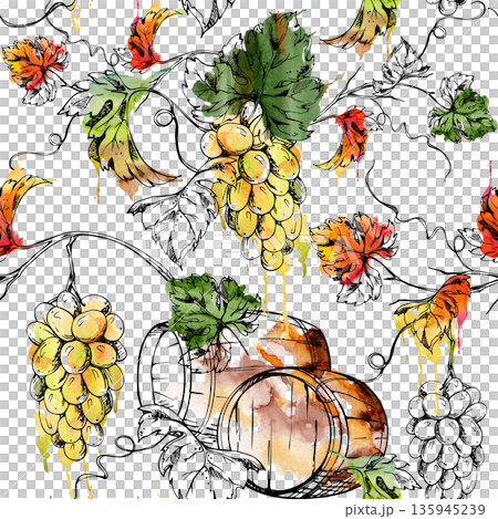 Seamless pattern of grape clusters, vines, leaves and rustic wooden barrel casks. Hand drawn in watercolor and ink for boutique branding, winery product packaging accents, textiles and promotion line 135945239