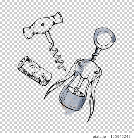 Metal wine opener with wings, T-shaped handle and spiral worm corkscrew barware symbol, cork stopper. Professional sommelier accessory illustration in ink and watercolor for wine clubs, tasting rooms 135945242