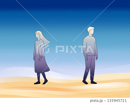 浜辺で離れていく男女のイラスト(背景あり) 浜辺で離れていく男女のイラスト(背景あり) 135945721