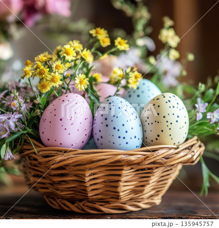 Colorful Easter eggs in a woven basket surrounded by fresh flowers on a spring morning 135945757
