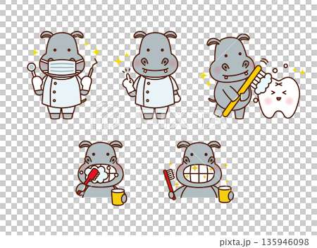 可愛的河馬牙醫和刷牙插圖套裝(牙科、蛀牙預防、兒童適用) 可愛的河馬牙醫和刷牙插圖套裝(牙科、蛀牙預防、兒童適用) 135946098