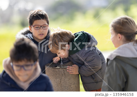 Children drinking water from fountain in park Children drinking water from fountain in park 135946158