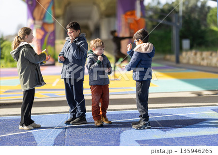 Children playing games together on colorful urban playground 135946265