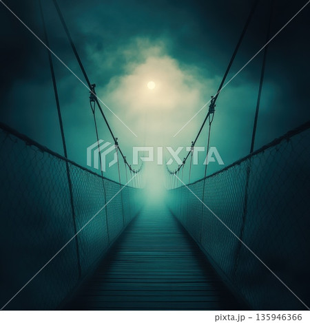 Mysterious hanging bridge shrouded in mist under a moonlit sky at night 135946366