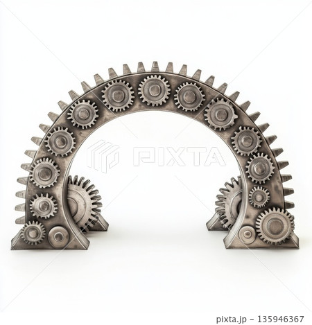 Industrial gear arch sculpture made with metal components displayed in modern design setting 135946367