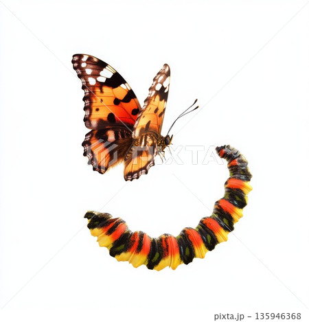 Bright butterfly and colorful caterpillar in a natural transformation display 135946368