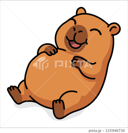 Happy cartoon capybara lying on the back stroking a full belly after a meal. Funny illustration of a satisfied rodent for rest, satiety and laziness concepts isolated on white background. 135946730