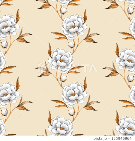 Watercolor white peony seamless pattern with ink leaves Watercolor white peony seamless pattern with ink leaves 135946964