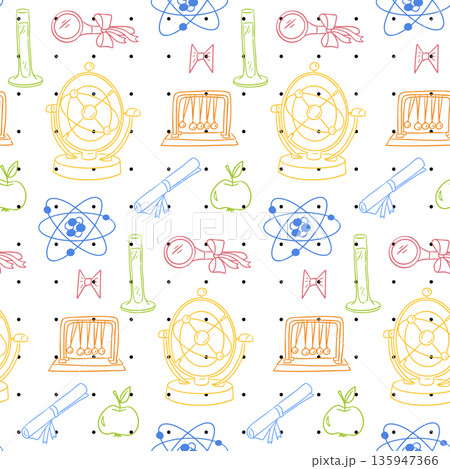 Hand drawn school science seamless pattern with laboratory equipment symbols on white background. This image represents education concept and learning process inspired by science and knowledge Hand drawn school science seamless pattern with laboratory equipment symbols on white background. This image represents education concept and learning process inspired by science and knowledge 135947366