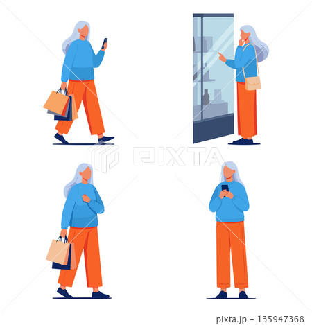 買い物をする女性のイラストセット 買い物をする女性のイラストセット 135947368