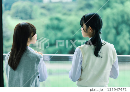 窓の外を眺めて話す女子高校生の後ろ姿 窓の外を眺めて話す女子高校生の後ろ姿 135947471