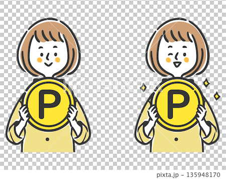 女人手持硬幣，上半身向量圖 135948170