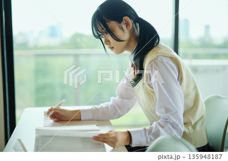 試験勉強に励む女子高校生 135948187