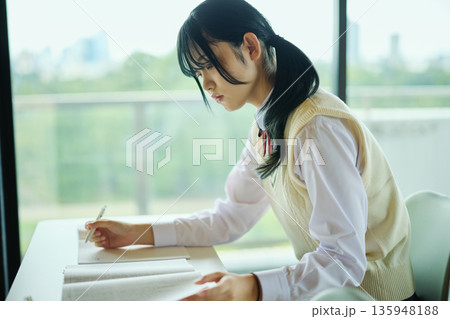 試験勉強に励む女子高校生 135948188