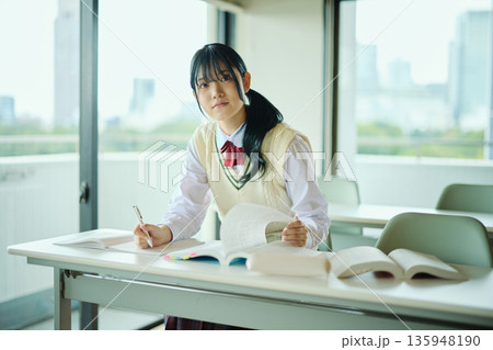 試験勉強に励む女子高校生 135948190