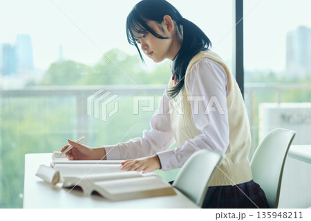 試験勉強に励む女子高校生 135948211