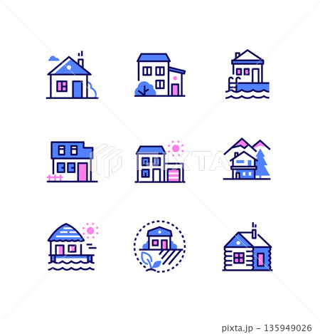 Cottage houses - modern line design style icons set 135949026