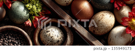 Easter eggs sit in a bowl along with flowers on a table made of wood. Natural fibers surround the bowl. Spring colors and textures decorate the scene, banner 135949173