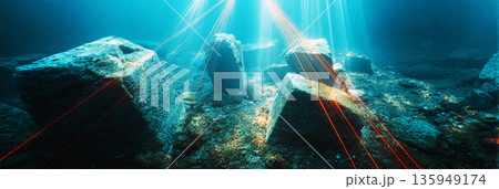 An autonomous underwater drone scans stone columns and statues using a laser grid and beams of light through murky water at a historical site. The technology captures details effectively, banner 135949174