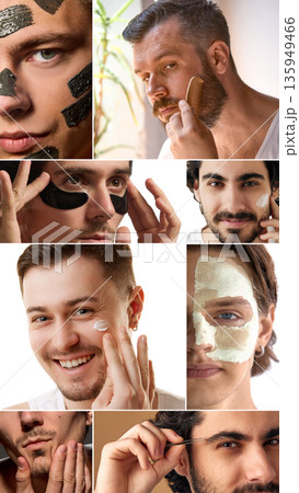 Men skincare routine with facial treatments and grooming. Collage with 6 models 135949466