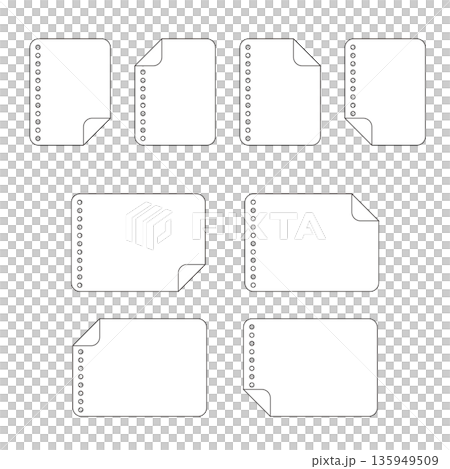 端がめくれたバインダー用ノート用紙の線画フレーム素材セット（角丸） 135949509