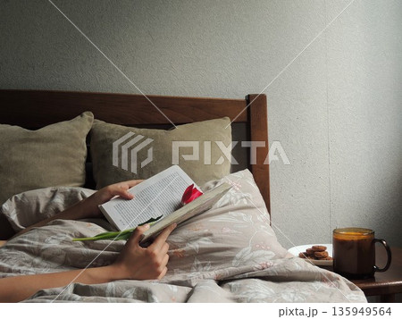 Female hands holding a book with a flower used as a bookmark, amidst the softness of blankets and pillows on a bed in a room with gray wallpaper; relaxation and reading in the bedroom. Female hands holding a book with a flower used as a bookmark, amidst the softness of blankets and pillows on a bed in a room with gray wallpaper; relaxation and reading in the bedroom. 135949564