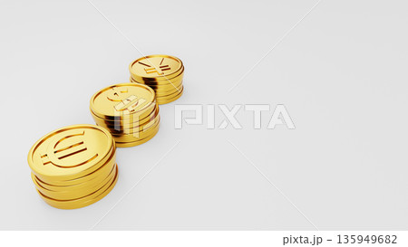 白背景の左側のユーロ・ドル・円金貨と右側の大きな余白 日本円の資産形成・積立投資・家計管理のイメージ 135949682