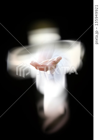 The cross symbolizing the death and resurrection of Jesus Christ, and Jesus' saving gesture, Holy Week and Easter background The cross symbolizing the death and resurrection of Jesus Christ, and Jesus' saving gesture, Holy Week and Easter background 135949921