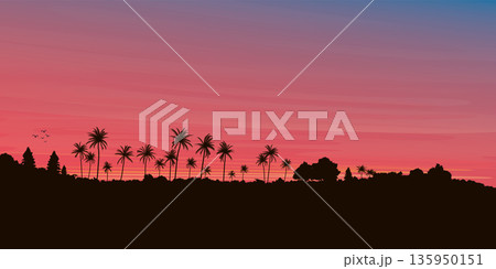 Palm trees on hill silhouetted sunset vector illustration with blank space at the sky. Island with dramatic sky background. 135950151
