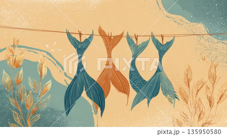 Mermaid tails hanging on a line 135950580