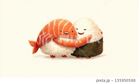 Sushi characters share a hug warmly Sushi characters share a hug warmly 135950588