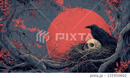 Raven on skull, red moon 135950602