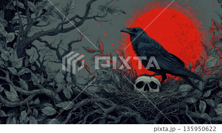 Crow stands on skull near red moon 135950622