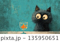 Cat watches fish in bowl at home 135950651