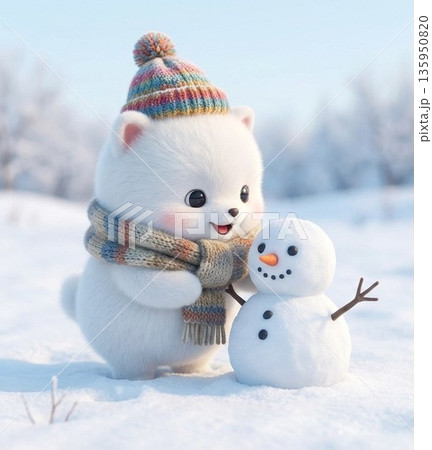 毛糸の帽子とマフラーを身につけて、雪だるまを作っているふわふわな生き物 毛糸の帽子とマフラーを身につけて、雪だるまを作っているふわふわな生き物 135950820