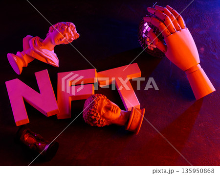 NFT Letters with Classical Sculpture Busts Mannequin Hand Disco Ball Neon Gradient Lighting NFT Letters with Classical Sculpture Busts Mannequin Hand Disco Ball Neon Gradient Lighting 135950868
