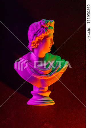 Neon Gradient Classical Apollo Bust Sculpture on Dark Background Vaporwave Aesthetic Art 135950869