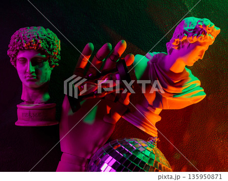 Neon Colored Classical Hermes Sculpture with Disco Ball Surreal Vaporwave Aesthetic Contemporary Art Neon Colored Classical Hermes Sculpture with Disco Ball Surreal Vaporwave Aesthetic Contemporary Art 135950871