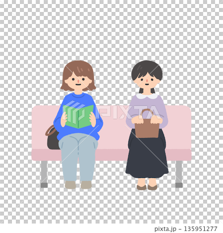 Illustration of women waiting their turn on a bench | Waiting room, reception, public facility 135951277