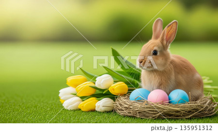 Baby rabbit in nest with pastel Easter eggs and tulips symbolizing care empathy and protection 135951312
