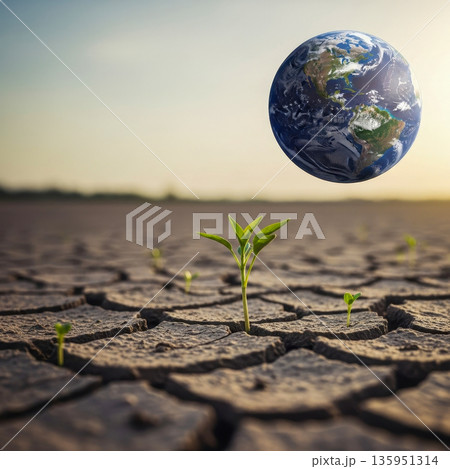 Earth planet above cracked soil with green sprouts symbolizing climate change sustainability and future hope Earth planet above cracked soil with green sprouts symbolizing climate change sustainability and future hope 135951314
