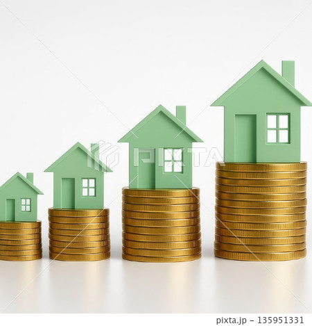 Green house icons on stacks of coins showing rising property value and real estate investment 135951331