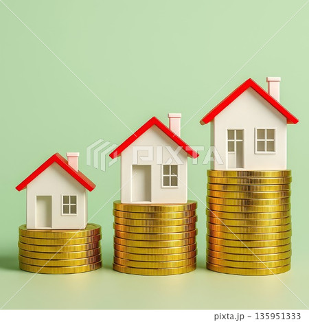 Mini houses on gold coin stacks showing rising property value 135951333