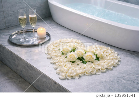 Romantic white rose heart with champagne by bathtub for Valentines Day surprise 135951341