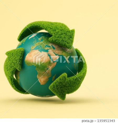 Green recycling arrows around Earth Green recycling arrows around Earth 135951343