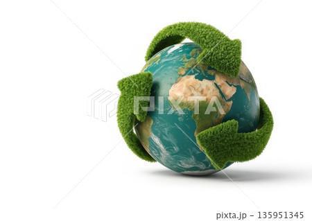 3D globe wrapped with fuzzy green arrows forming a recycling symbol. Concept for sustainability, nature protection, energy 3D globe wrapped with fuzzy green arrows forming a recycling symbol. Concept for sustainability, nature protection, energy 135951345