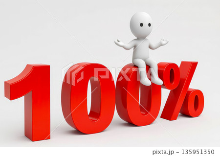 3D character sitting on giant red hundred percent sign symbolizing full success completion guarantee and maximum results 3D character sitting on giant red hundred percent sign symbolizing full success completion guarantee and maximum results 135951350