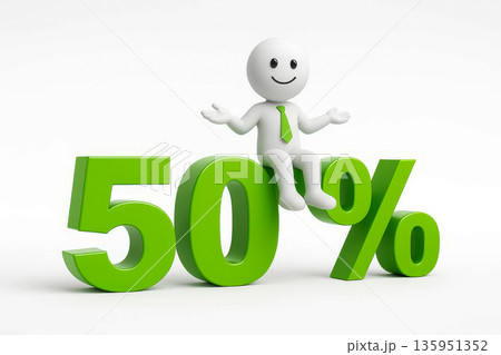 Fifty percent in green numerals with smiling 3D character sitting on symbol, white background for sale promotion and marketing ads 135951352
